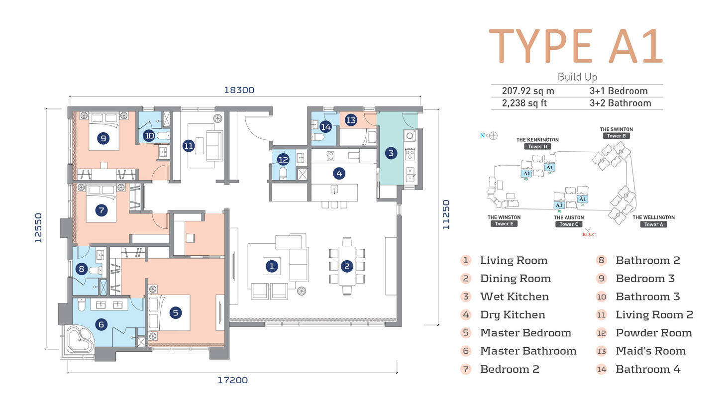 Cappella Embassy Type A1 floor plan — 2,238 sq ft, 3+1 bedroom, 3+2 bathroom